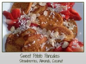 Sweet Potato Pancakes with Strawberries Almonds and Coconut