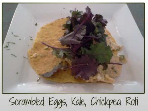 Scrambled Eggs, Kale, Chickpea Roti