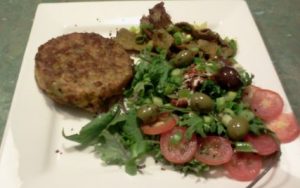Veggie Burger, Salad, Olives, Sundried Tomatoes, Lamb