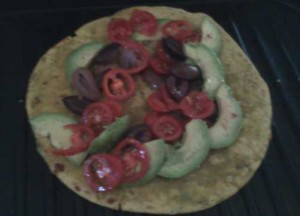 Chickpea Roti, Tomatoes, Avocado, Olives