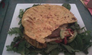 Chickpea Roti, Tomatoes, Avocado, Olives, Eggs, Hamburger, Cheese, Rocket, Lettuce