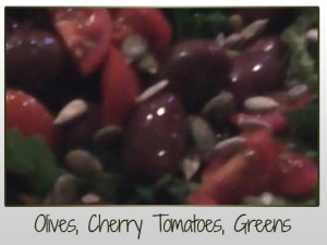 Olives, Cherry Tomatoes, Greens Closeup