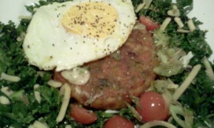 Veg Burger, Egg, Kale, Spring Onion, Cherry Tomatoes, Seeds, Cheese