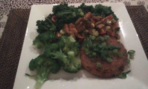 Veg Burger, Broccoli, Kale, Tempeh, Spring Onion, Cherry Tomatoes