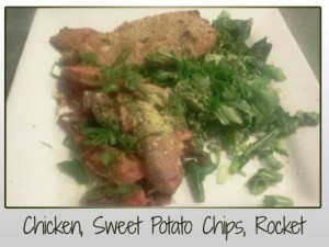 baked chicken, sweet potato chips, baby rocket