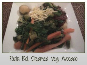 Pasta Bolognaise, Steamed Veggies, Avocado