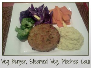 Veggie Burger, Steamed Veggies, Mashed Cauliflower
