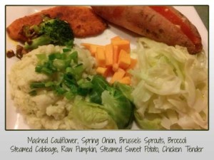 Mashed Cauliflower, Spring Onion, Brussels Sprouts, Broccoli Steamed Cabbage, Raw Pumpkin, Steamed Sweet Potato, Chicken Tender
