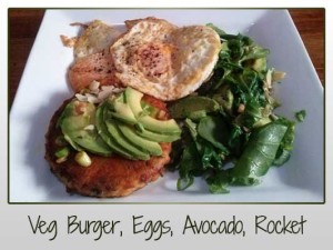 Veg Burger, Eggs, Avocado, Rocket