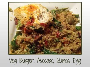 Veggie Burger, Avocado, Egg, Quinoa, Deli Mix