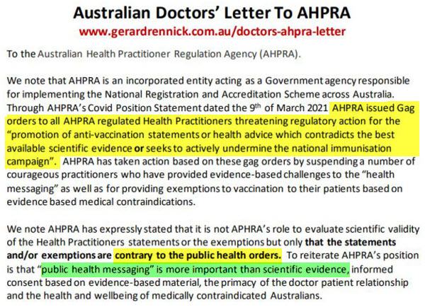 Open Letter to AHPRA from Australian Doctors